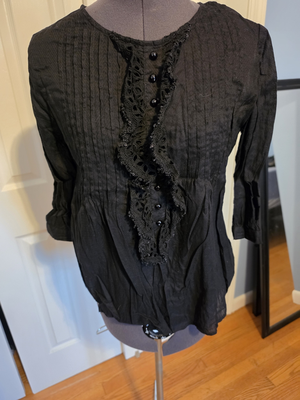 Forever 21 Black Lace-Trim Pintuck Blouse
